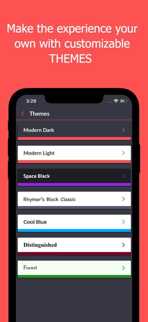 Rhymer's Block - A menu within the Rhymers Block app displaying a list of customizable interface themes like Modern Dark and Space Black.