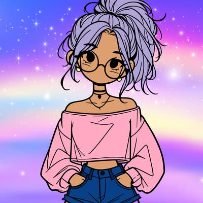 girl with a messy ponytail glasses a baggy crop top and jean shorts