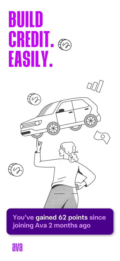 Ava app illustration showing a credit score increase of 62 points and the text Build Credit Easily