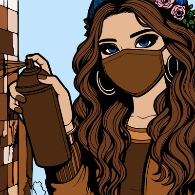 realistic girl with a spray paint and behind a wall and wearing a mask