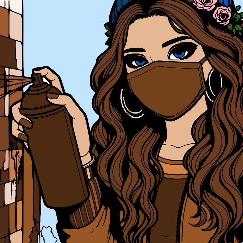 realistic girl with a spray paint and behind a wall and wearing a mask