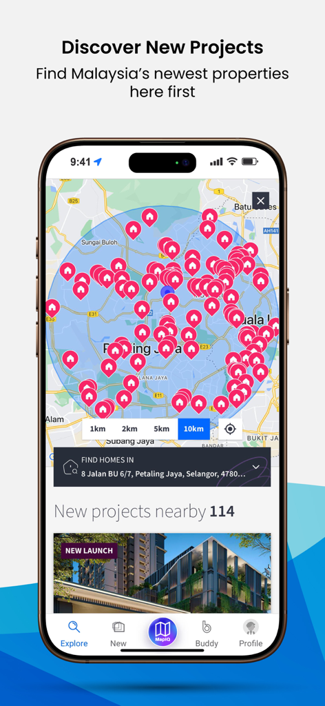 EdgeProp Malaysia - Mobile app interface of EdgeProp Malaysia showing an interactive map search for new real estate projects in Malaysia.