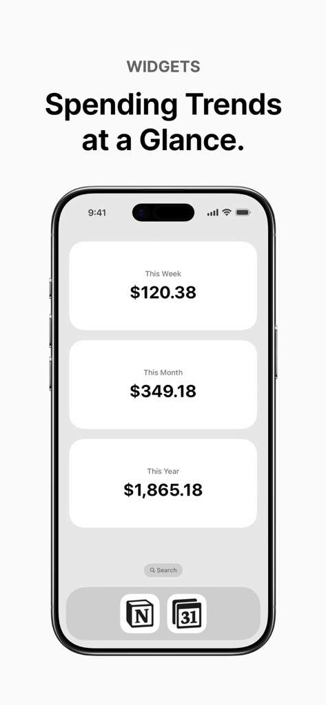 SyncSpend - SyncSpend app widgets on an iPhone displaying weekly monthly and yearly spending trends