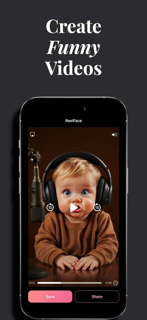 ReelFace: Bring Photos to Life - Interface of ReelFace app showing a funny AI-animated video of a baby wearing large headphones