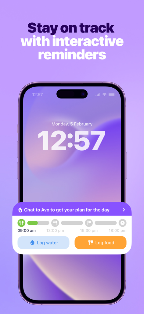 Simple: AI Weight Loss Coach - iPhone lock screen displaying interactive reminders and quick logging buttons for the Simple weight loss app