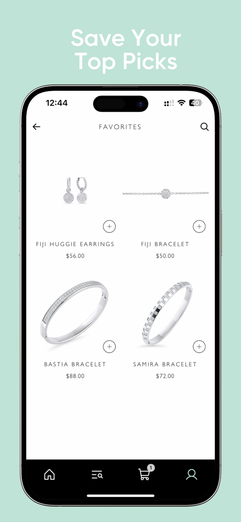 Mia Bijoux - Favorites screen in the Mia Bijoux app featuring silver earrings and bracelets