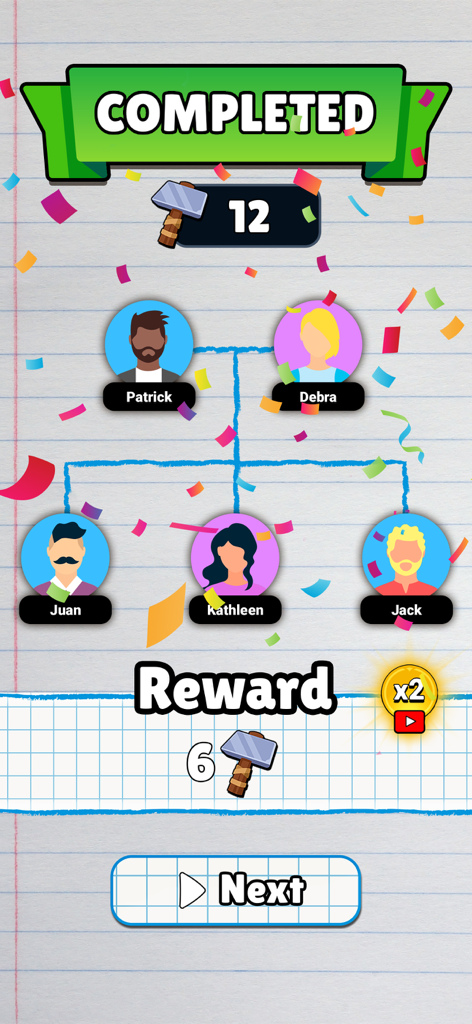Un nivel de puzle de lógica completado que muestra un árbol genealógico con cinco miembros de la familia y martillos de recompensa