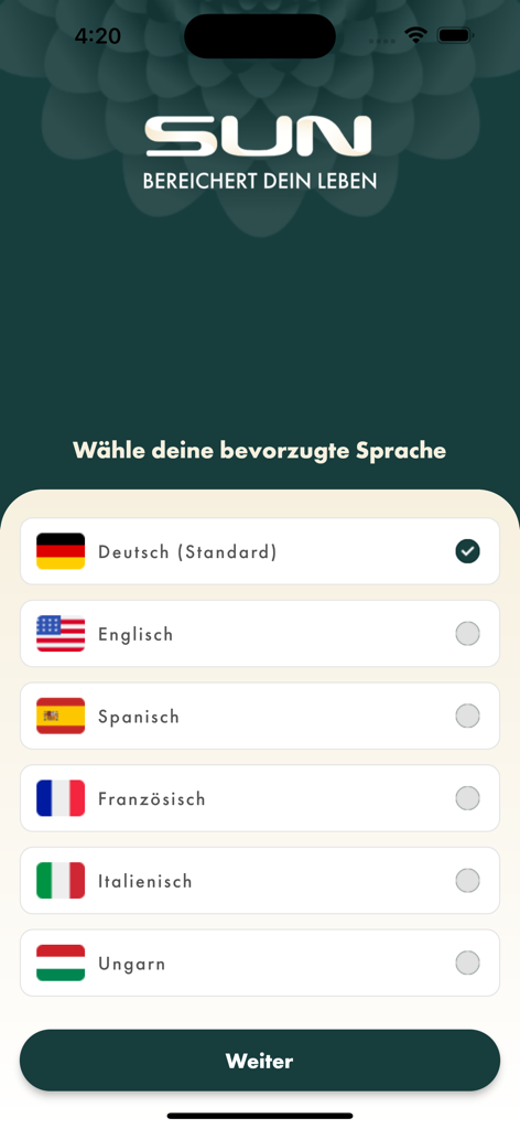 SUN APP (REWARDS) - Language selection screen in the SUN Rewards app showing options for German English Spanish French Italian and Hungarian