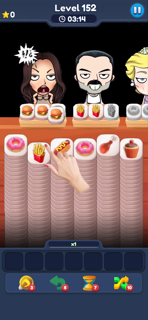 Food Match 3D: Tile Puzzle - Écran de jeu de Food Match 3D montrant des tuiles de nourriture empilées et des personnages attendant leurs commandes