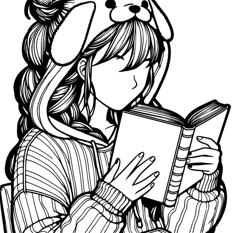 realistic girl in a cozy dog hoodie reading a book