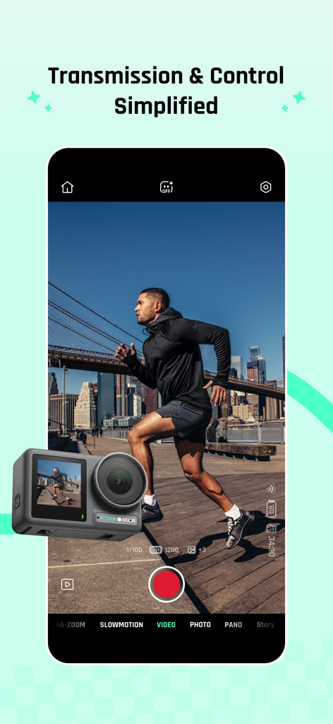 Xtra Tech - Oberfläche der Xtra Tech Mobile App mit Live-Vorschau und drahtloser Steuerung einer Action-Kamera