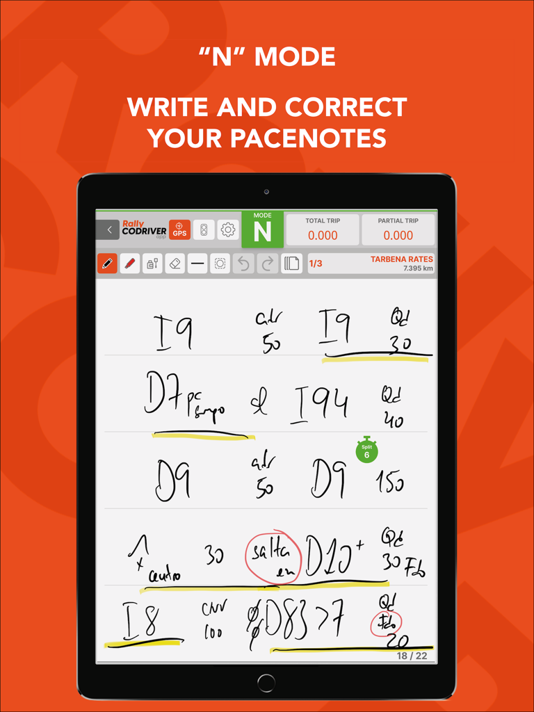 Rally Codriver - Note di navigazione digitali mentre vengono scritte e modificate con strumenti di scrittura a mano nell'app Rally Codriver su iPad