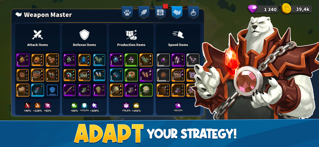 Weapon Master menu in Million Lords showing craftable equipment and RPG stat bonuses