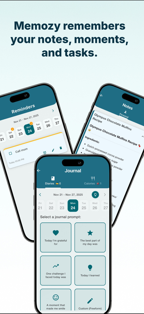 Three smartphone screens displaying Memozy app features including reminders a journal prompt selection and a digital notes page