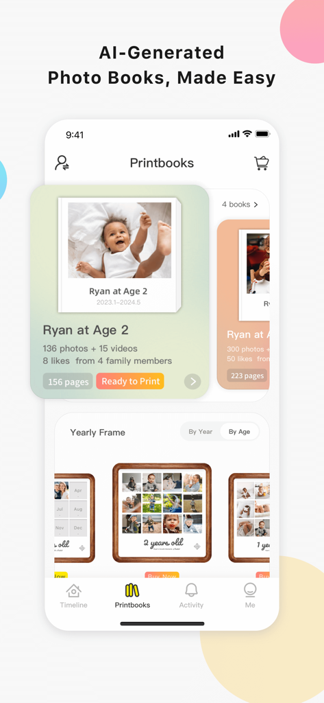 Interfaccia dell'app TimeHut che mostra album fotografici per bambini generati dall'IA e cornici annuali da stampare