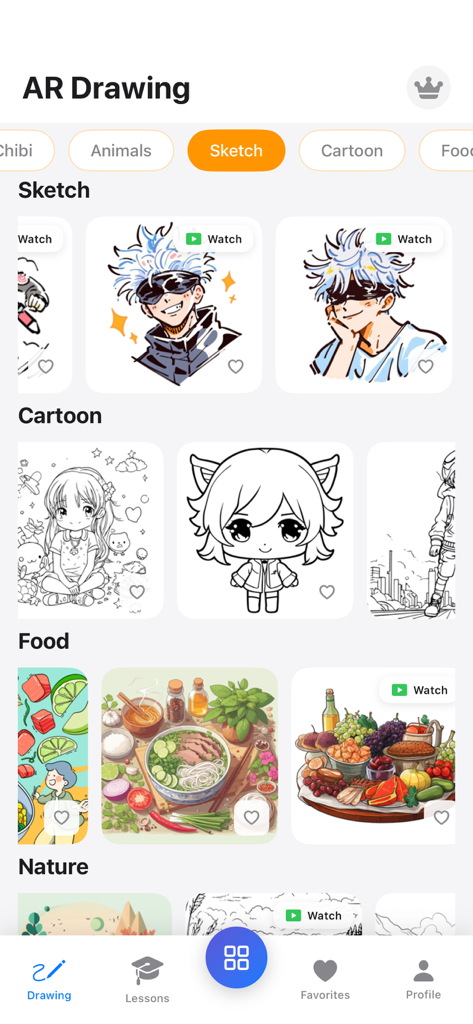 AR Drawing: Trace to Sketch - Interfaz de la aplicación AR Drawing que muestra varias plantillas de bocetos, incluidas las categorías de anime y comida.