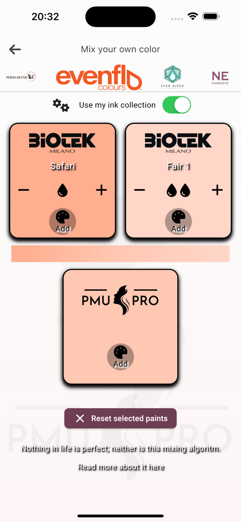 Digitale Pigmentmischer-Oberfläche in der PMU Pro App, die Farbmischung für professionelle Permanent-Make-up-Künstler zeigt