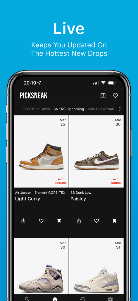 PickSneak app interface showing upcoming sneaker drops like Air Jordan and Nike SB
