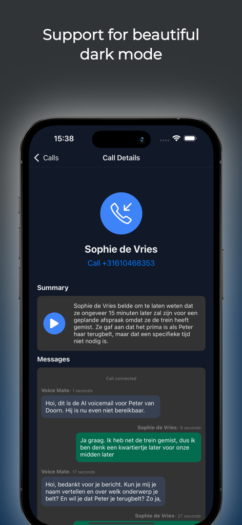 Voice Mate - AI Voicemail - Voice Mate app displaying an AI call summary and message transcription in dark mode on an iPhone