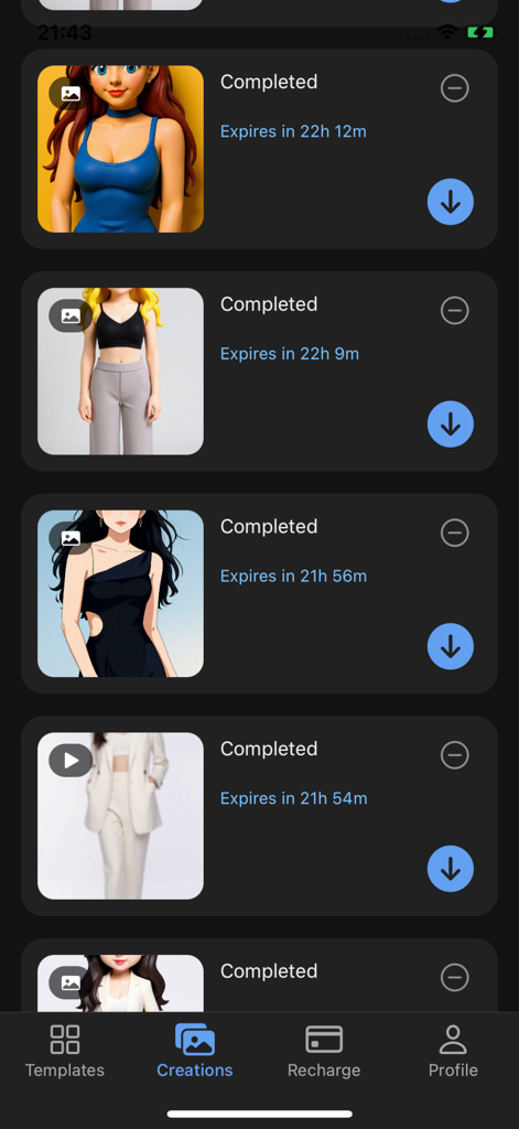 SirenAIアプリのスクリーンショット。作成タブに、完了したAI生成ポートレートと動画のリストが表示されています。