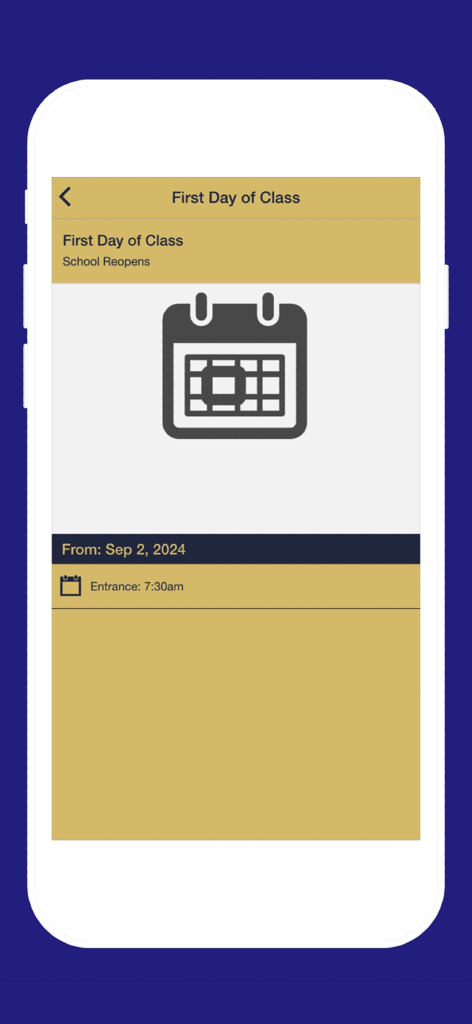 Immaculate Conception High - A mobile app screen showing a calendar event for the First Day of Class at Immaculate Conception High School.