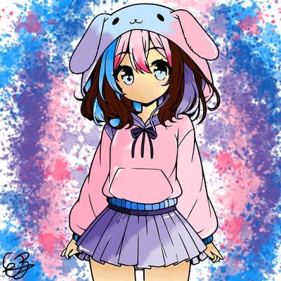 pretty anime girl wearing a fluffy hoodie with bunny ears on the hood and a skirt