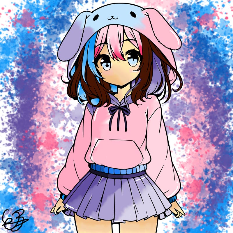 pretty anime girl wearing a fluffy hoodie with bunny ears on the hood and a skirt