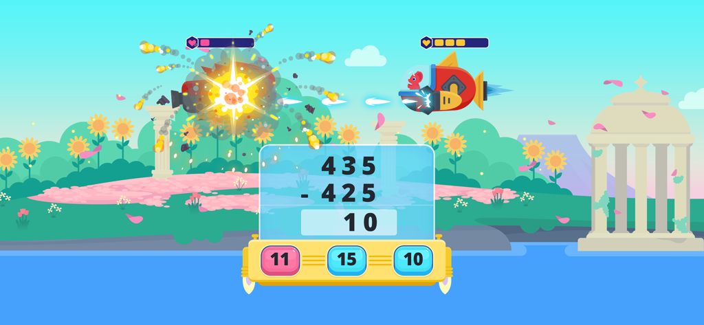 Dinosaur Math 2:Games for kids - Un dinosaurio resolviendo un problema de resta vertical durante una batalla en la arena.