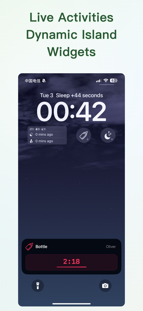 Tela de bloqueio do iPhone mostrando atividades ao vivo e widgets do Baby Memos para rastrear alimentação e sono do bebê