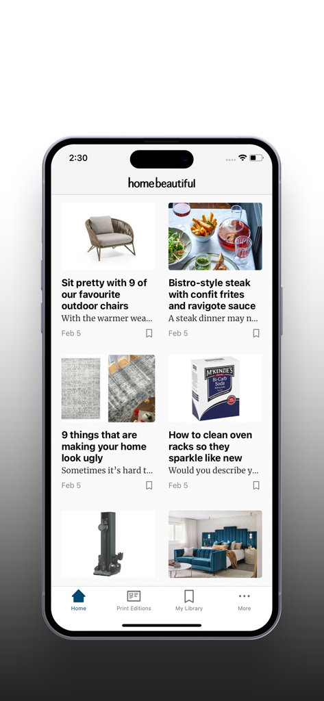 Home Beautiful mobile app home screen featuring interior design and lifestyle articles