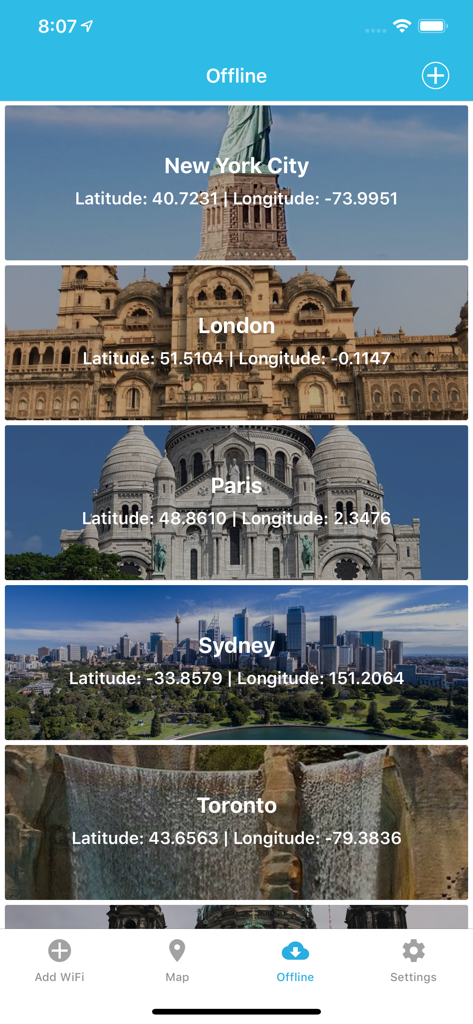 WiFi Finder + Map - List of cities with coordinates for offline map download in the WiFi Finder app