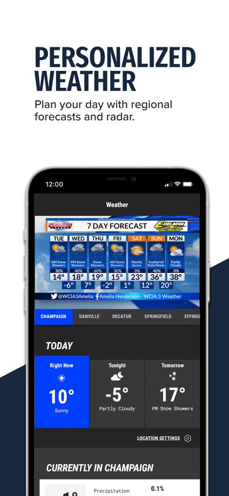 WCIA-3 News App - WCIA-3 News App interface showing a personalized 7-day weather forecast and current conditions for Central Illinois.
