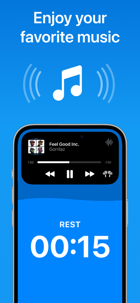 Interval Timer: Tabata & HIIT - Smartphone screen displaying a HIIT timer with integrated music controls during a rest interval