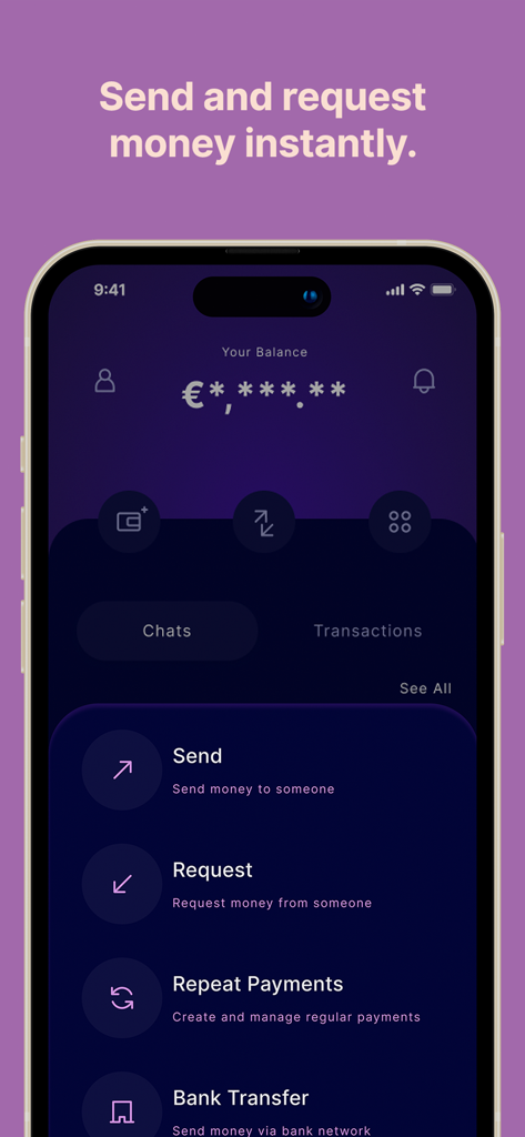 OneFor Money App - Mobile interface of the OneFor Money App showing options to send and request money instantly
