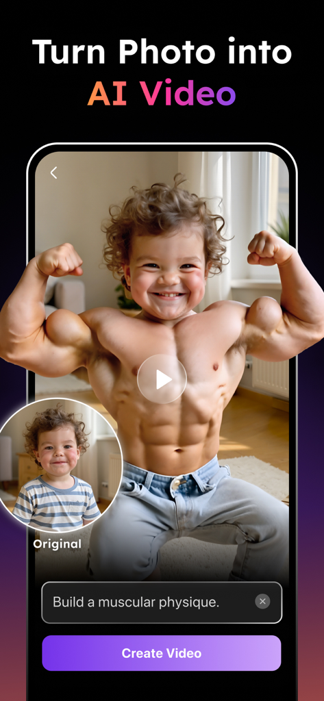 Pixelance: AI Video Generator - Interface do aplicativo Pixelance mostrando uma foto de uma criança transformada em um vídeo por IA de um fisiculturista com um prompt de texto