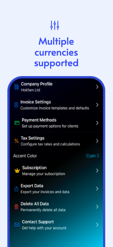 Settings screen of the Daily Invoice Generator mobile app showing multi-currency support and professional configuration options