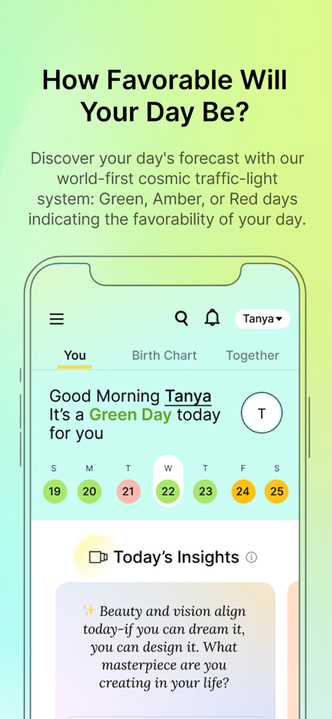 align27 Vedic Astrology Guide - Align27 App-Oberfläche, die das kosmische Ampelsystem für die tägliche Gunst basierend auf vedischer Astrologie zeigt.