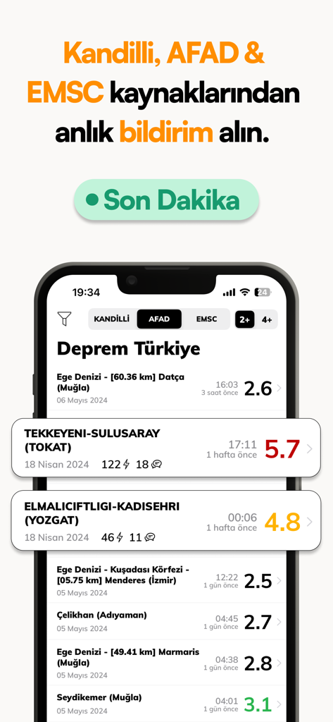 Earthquake Turkey - Mobile app screen displaying a list of recent earthquakes in Turkey with magnitude and location details