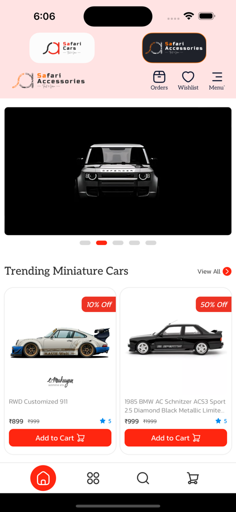 Safari Cars - Interface do aplicativo Safari Cars mostrando uma seleção de modelos de carros em miniatura em alta com etiquetas de desconto e botões de adicionar ao carrinho