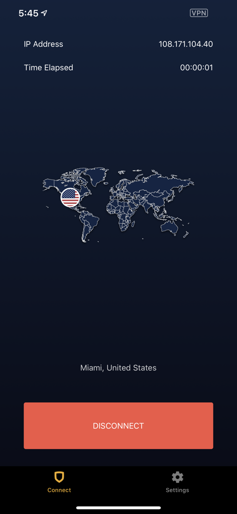 StrongVPN mobile interface showing a secure connection to a server in Miami USA with a world map and disconnect button