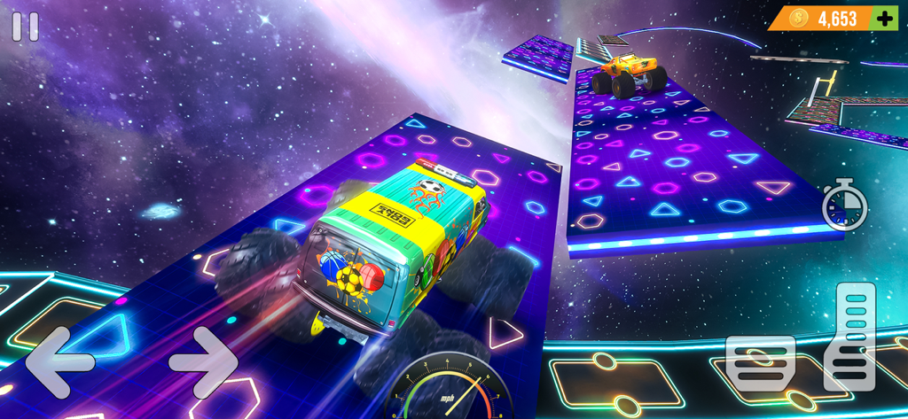 Colorful monster truck racing on neon platforms in a space-themed stunt driving simulator