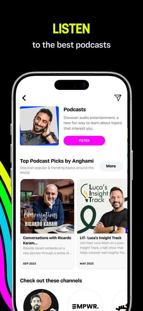 Anghami: Play Music & Podcasts - Una pantalla móvil de la aplicación Anghami que muestra selecciones de podcasts populares y contenido de audio cultural.