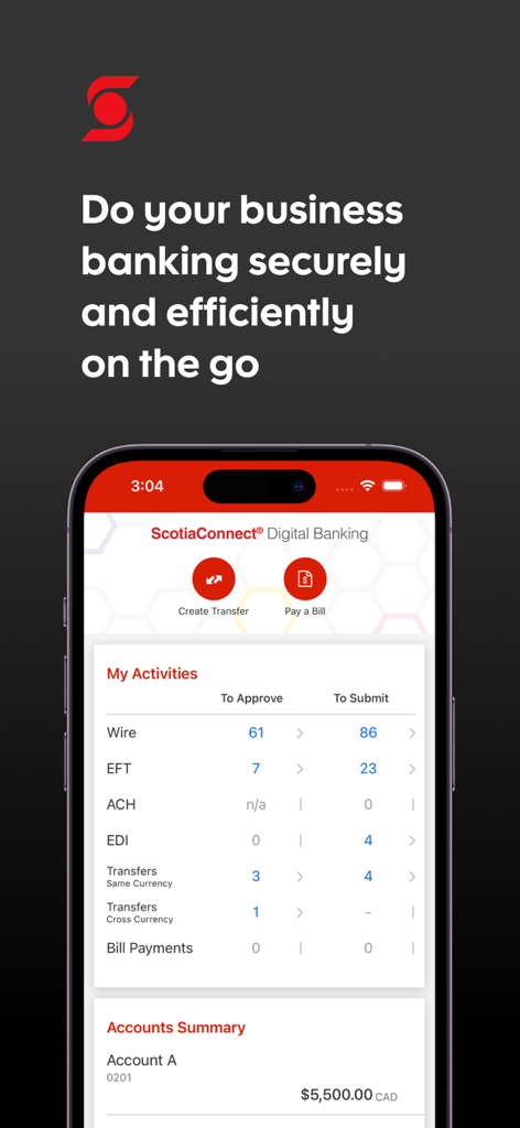 ScotiaConnect Business Banking - Dashboard of the ScotiaConnect Business Banking app showing pending payment approvals and account summary.