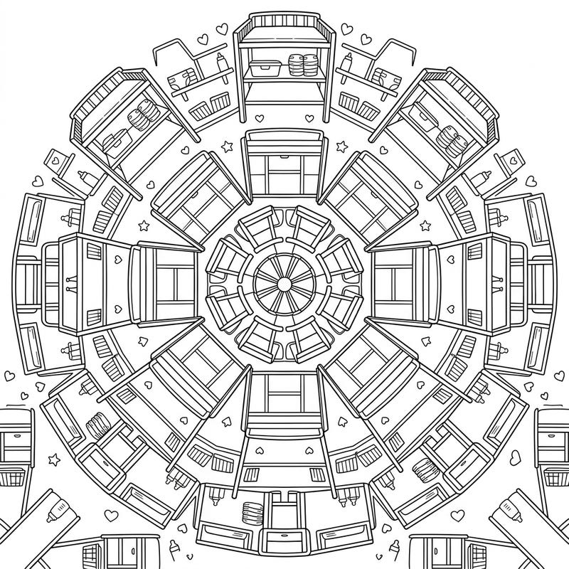 Dive into a wonderfully unique coloring experience with this intricate changing table mandala. This symmetrical design blends everyday nursery furniture into a calming, creative pattern, perfect for mindful coloring.