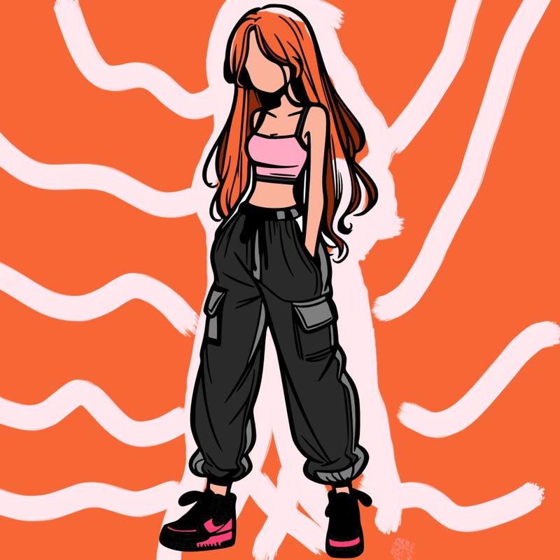 girl in baggy pants crop top and long hair