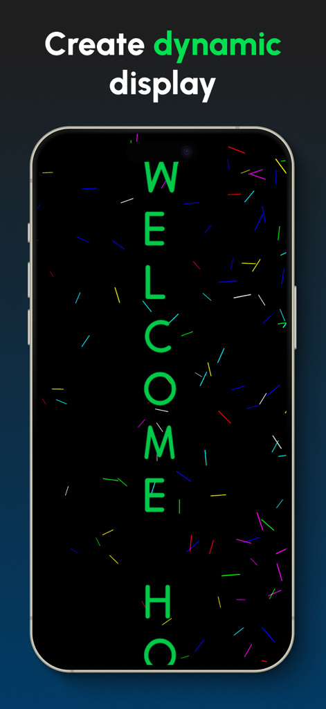 A smartphone screen displaying a vertical scrolling neon green banner with the text Welcome Home against a dark background with colorful particle effects.