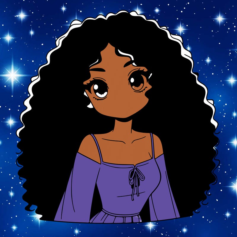 a black anime girl with long afro hair