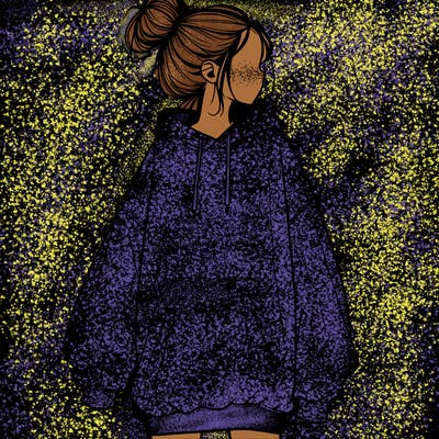 realistic girl with a oversized sweatshirt on and a bun