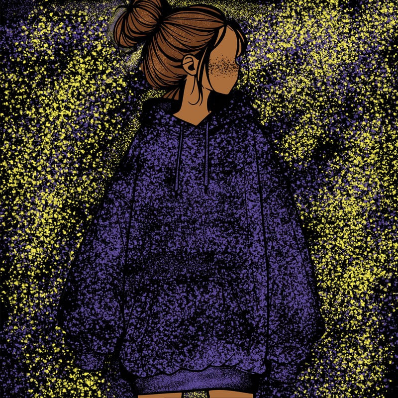 realistic girl with a oversized sweatshirt on and a bun