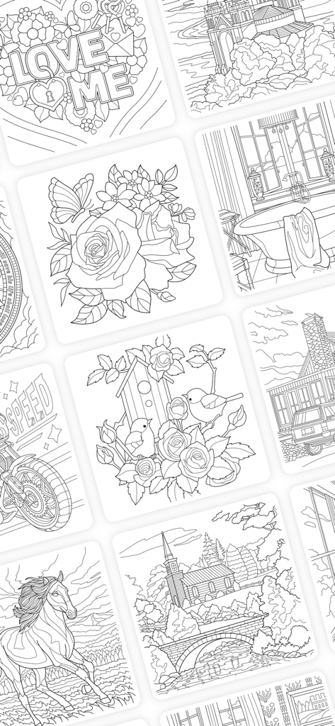 Coloring Book - ColorGuru - Affichage en grille de diverses illustrations de line art dessinées à la main pour le coloriage d'adultes, y compris des fleurs, des animaux et des paysages